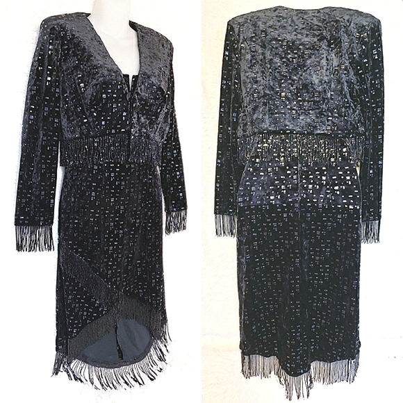 Black Beaded Velvet Leather Dress with Jacket 80s Vintage Italian Couture - Picture 4 of 15